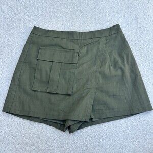 Boutique Olive Green Linen Blend Wrap Skort Cargo Pocket - Size S